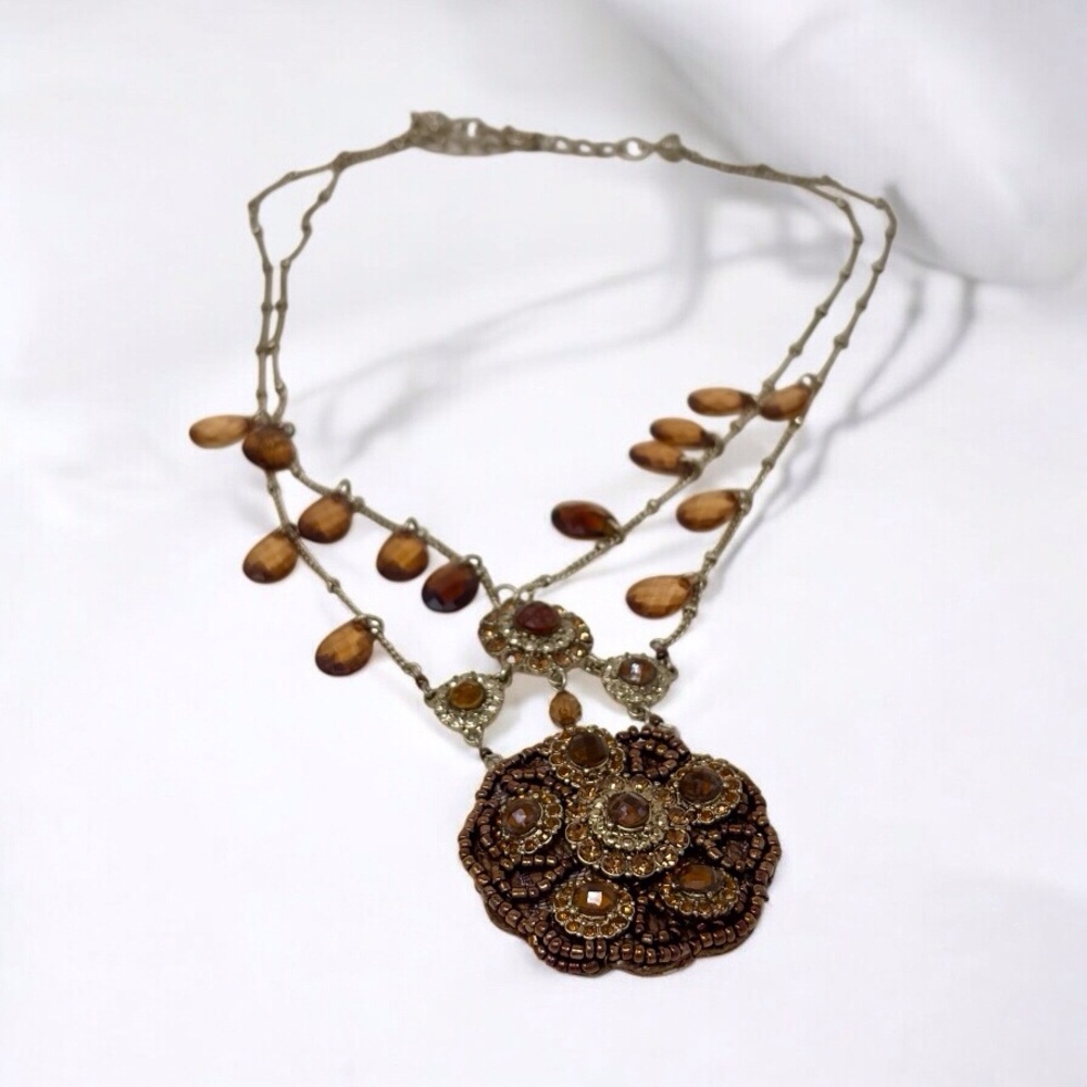Lauren Conrad Bohemian Necklace  Brown Beaded Two Tiered Boho